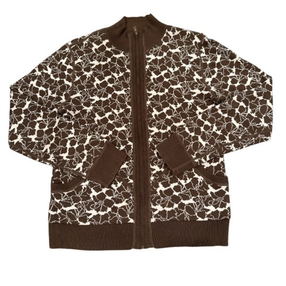 Title nine Brown Floral print Full Zip Mock Neck Sweater with Pockets - Picture 1 of 7
